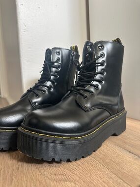 Dr. Martens Black Platform Lace-Up Boots with Yellow Stitching